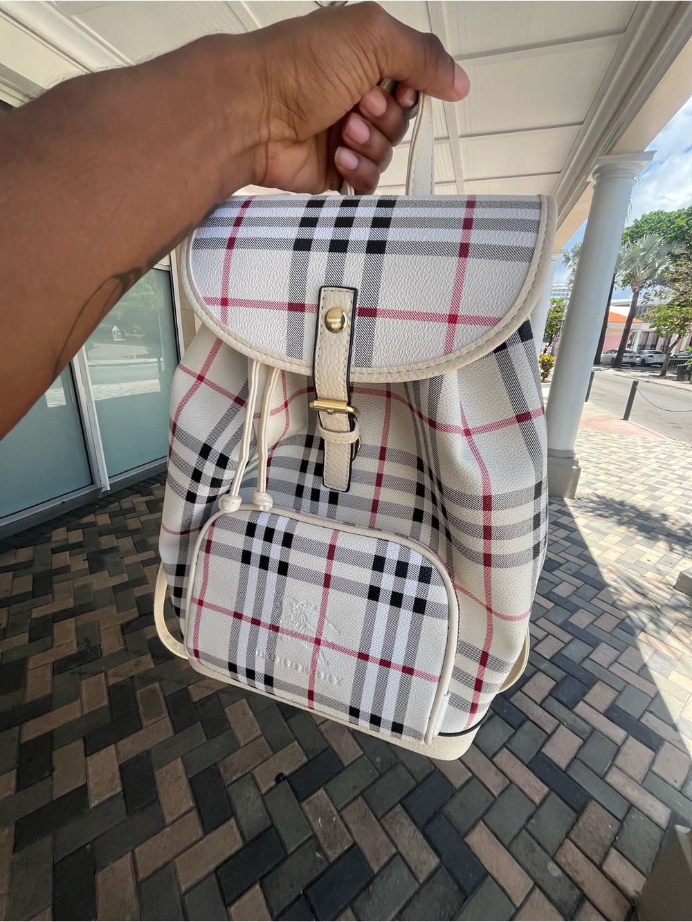 Burberry Cream & Black Check Drawstring Backpack with Red Accents